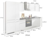 Moderner Küchenblock in Weiß mit integriertem Herd, Dunstabzugshaube und Spüle, Frontansicht.