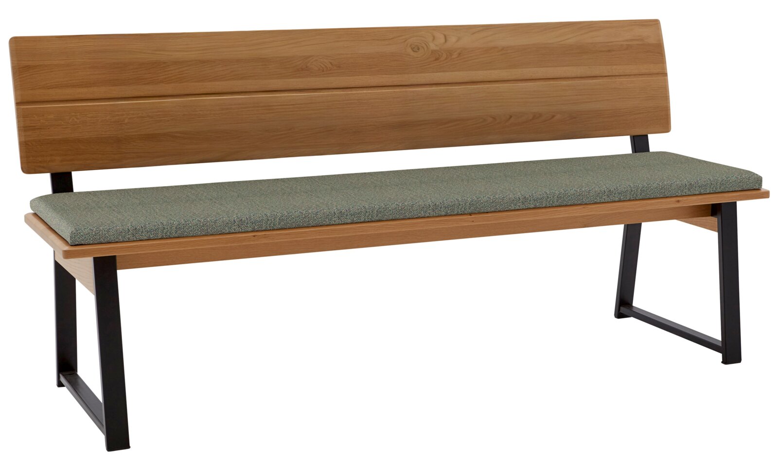 Holzbank mit gepolsterter Sitzfläche und Metallbeinen, seitliche Perspektive