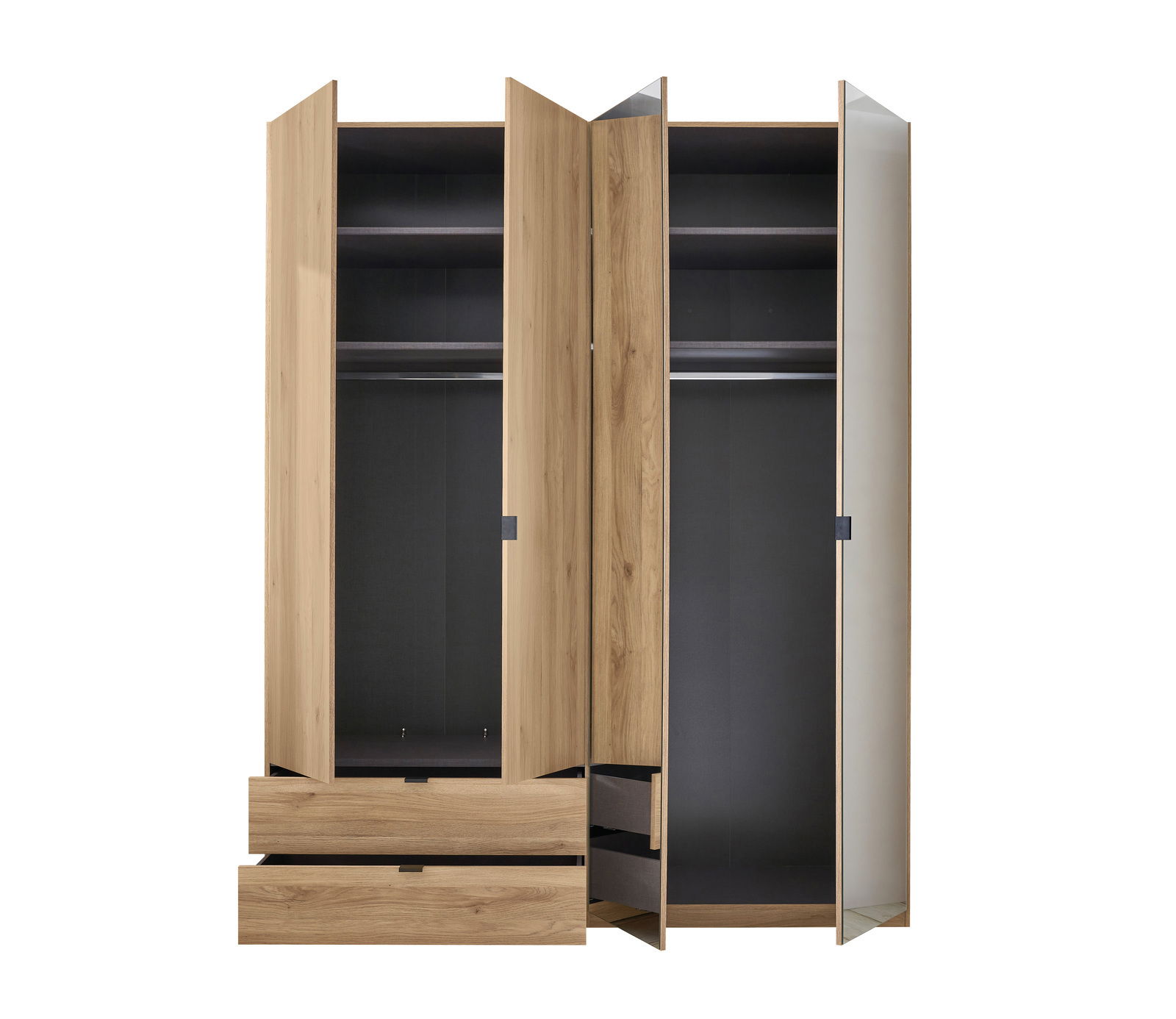 Offener 4-türiger Kleiderschrank aus Holz mit zwei Schubladen, frontal betrachtet