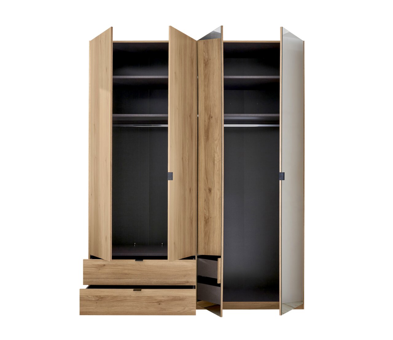 Offener 4-türiger Kleiderschrank aus Holz mit zwei Schubladen, frontal betrachtet