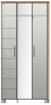 Frontansicht eines XL-Dielenschranks mit zwei Türen, einer Spiegeltür und mehreren Regalböden auf der linken Seite.