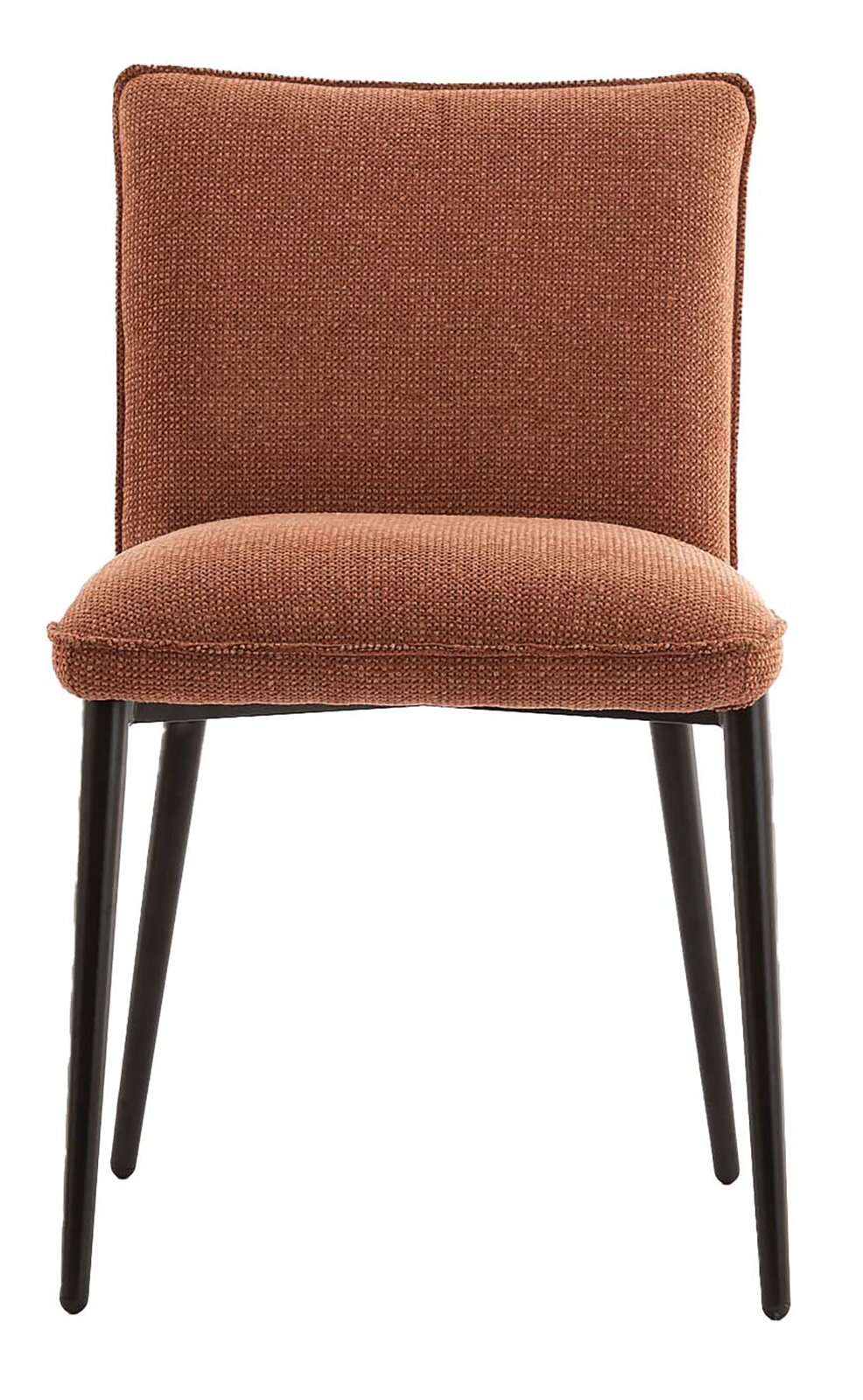 Brauner, gepolsterter Polsterstuhl mit strukturierter Stoffoberfläche und schwarzen, leicht ausgestellten Beinen, frontal von vorne fotografiert.