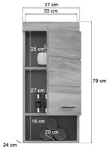 Hängeschrank aus Holz mit drei offenen Fächern, teilweise mit Tür verdeckt, Maße: 79 cm hoch, 37 cm breit, 24 cm tief, Ansicht von vorne.