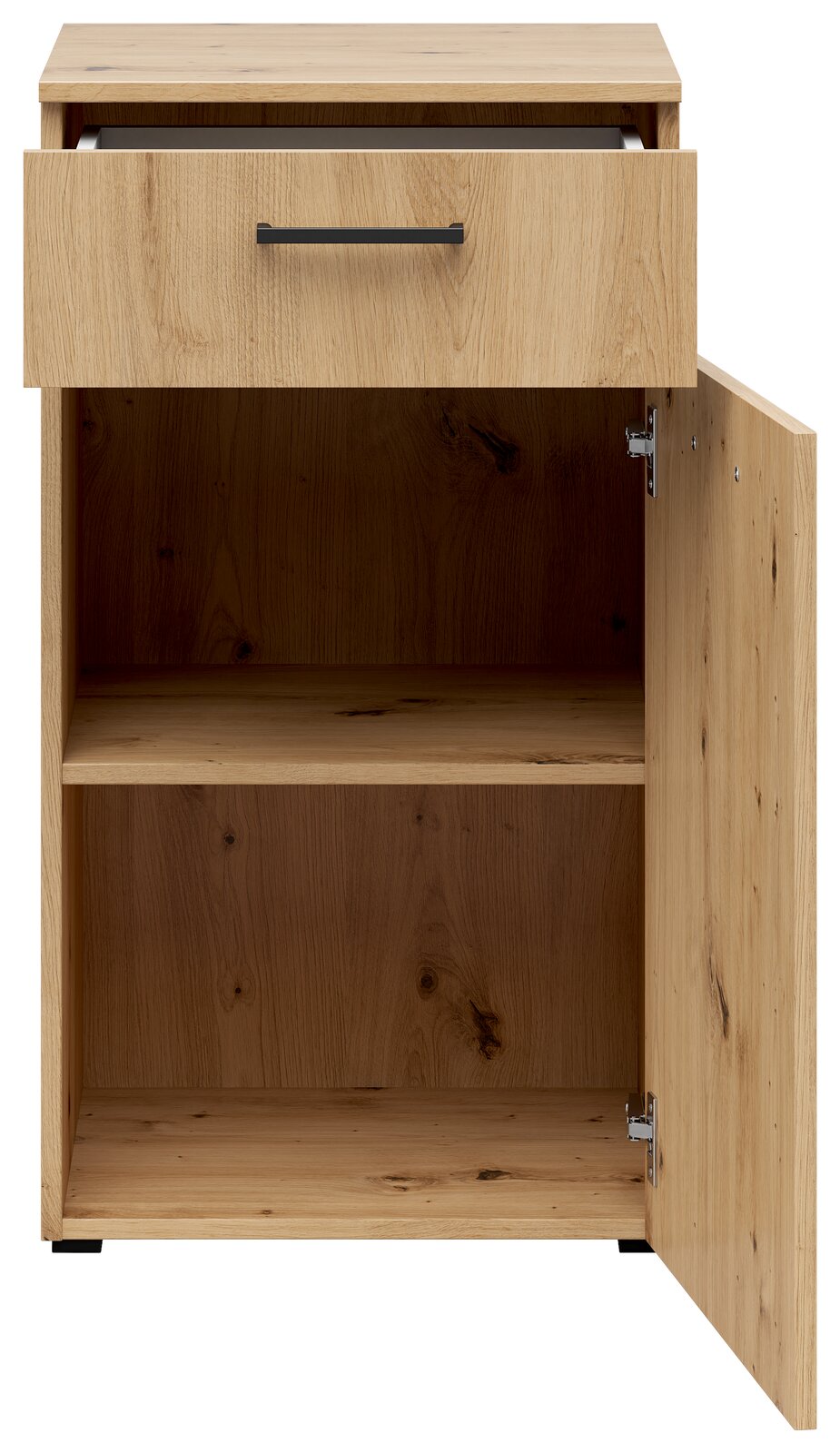 Kommode aus Holz mit einer offenen Schublade und einer geöffneten Tür, frontale Ansicht