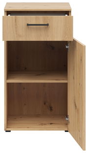 Kommode aus Holz mit einer offenen Schublade und einer geöffneten Tür, frontale Ansicht