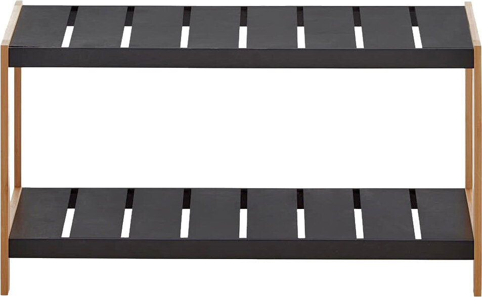 Schwarzes zweistöckiges Schuhregal mit Holz-Seitenteilen und Lamellenablagen, frontal aus leicht erhöhter Perspektive auf weißem Hintergrund