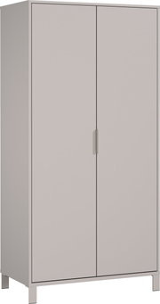 Moderner Kleiderschrank in grauer Farbe, frontal und leicht seitlich betrachtet, mit zwei Türen und minimalistischen Griffen.
