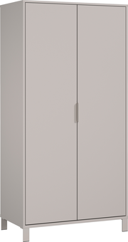 Moderner Kleiderschrank in grauer Farbe, frontal und leicht seitlich betrachtet, mit zwei Türen und minimalistischen Griffen.