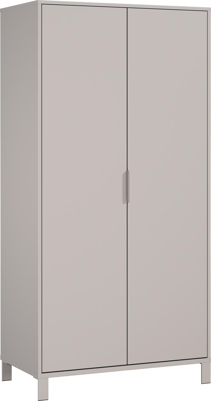 Moderner Kleiderschrank in grauer Farbe, frontal und leicht seitlich betrachtet, mit zwei Türen und minimalistischen Griffen.