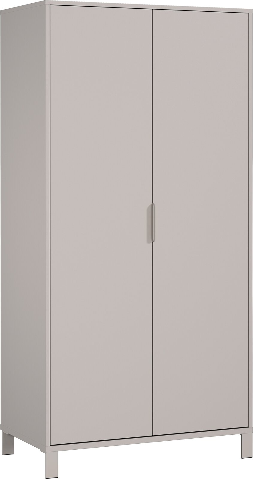 Germania Kleiderschrank ALKMAAR Moderner Kleiderschrank in grauer Farbe, frontal und leicht seitlich betrachtet, mit zwei Türen und minimalistischen Griffen.