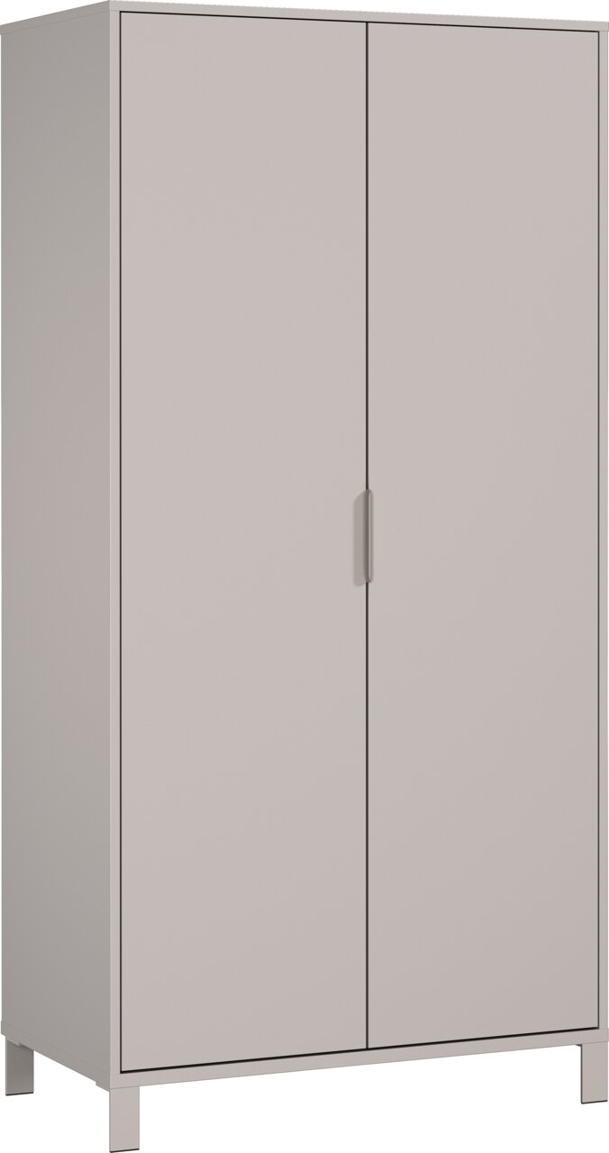 Moderner Kleiderschrank in grauer Farbe, frontal und leicht seitlich betrachtet, mit zwei Türen und minimalistischen Griffen.