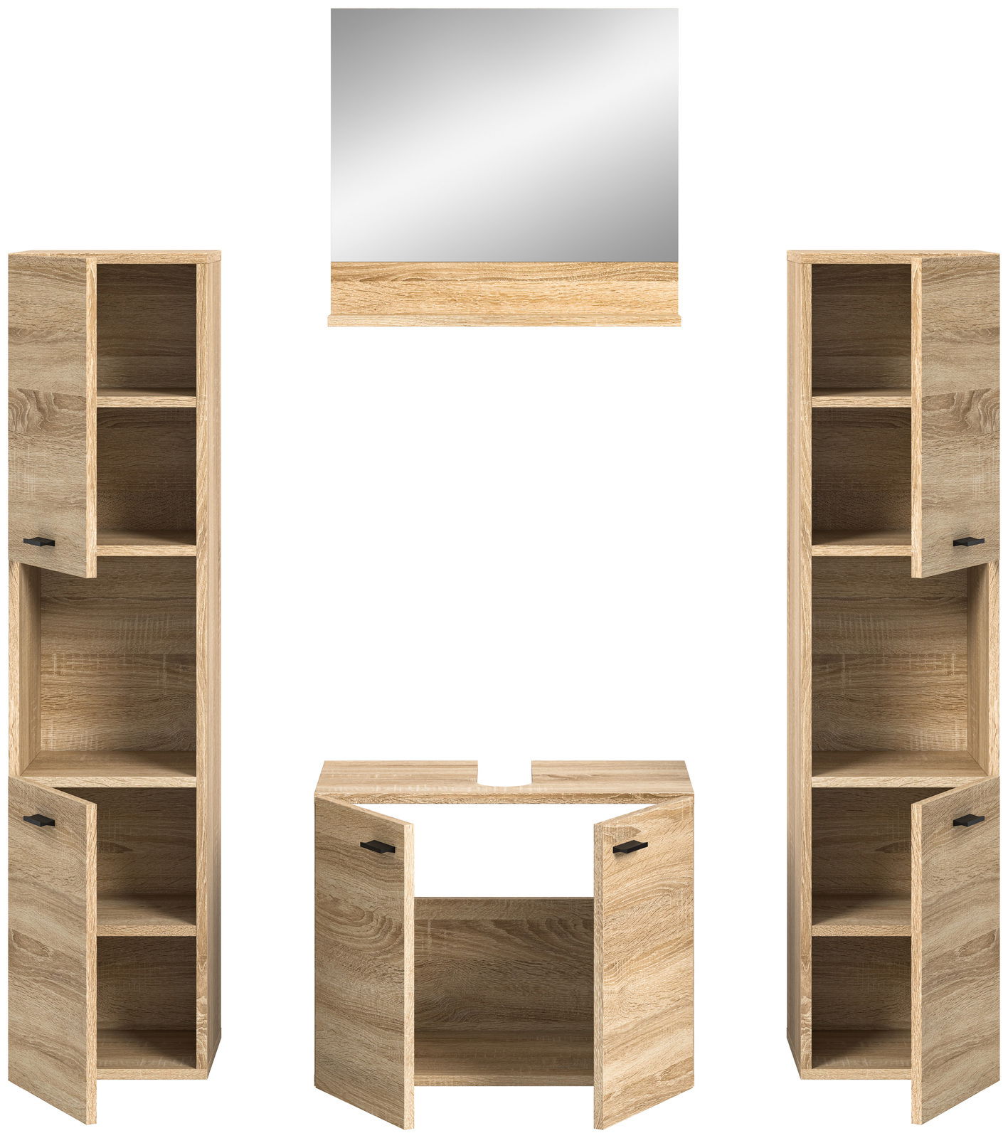 Frontale Ansicht einer Badkombination aus Holzoptik mit zwei hohen Schränken, einem Waschbeckenunterschrank und einem Spiegel.
