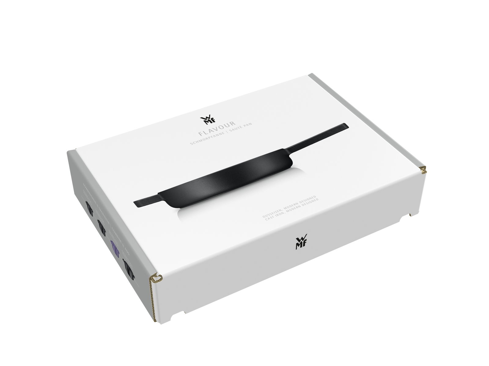 Verpackung der Sautierpfanne 28cm von oben betrachtet, mit modernem Design und WMF-Logo.