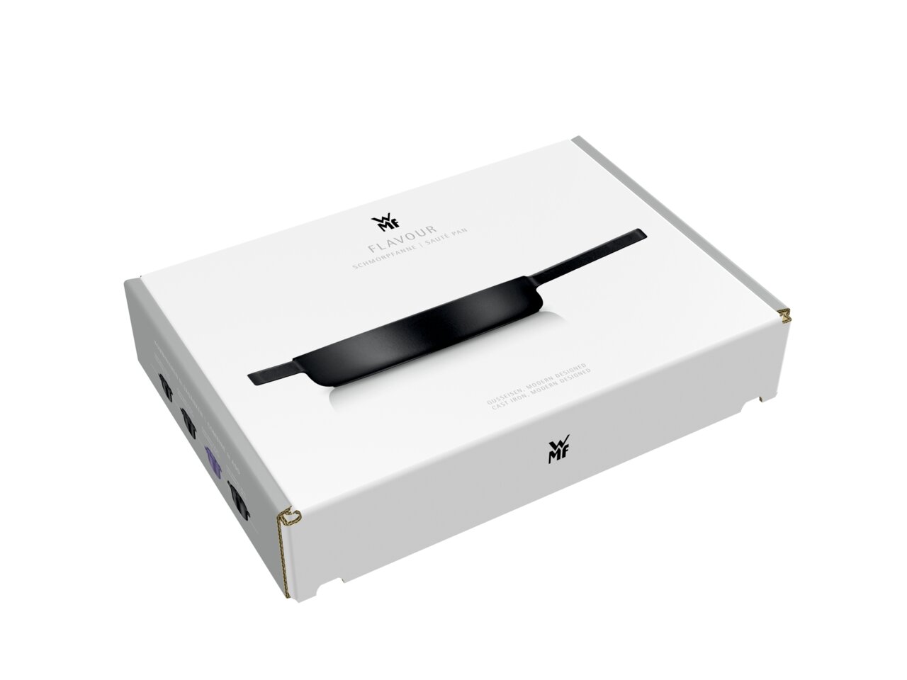 Verpackung der Sautierpfanne 28cm von oben betrachtet, mit modernem Design und WMF-Logo.