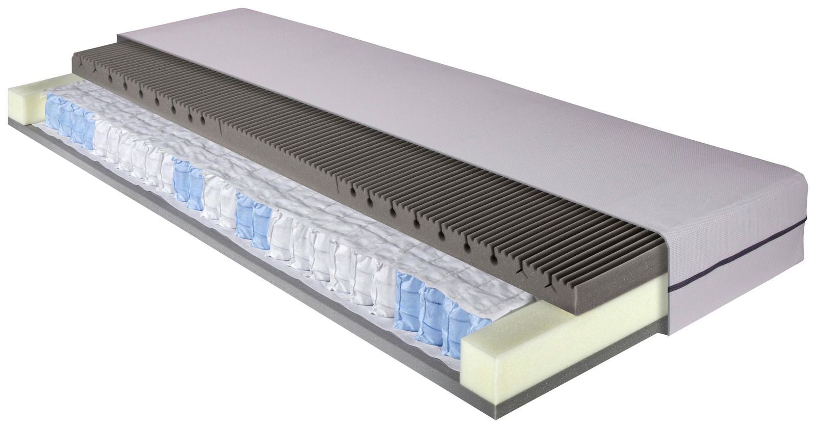 Zurbrüggen Taschenfederkernmatratze PRO SOMNA TFK Querschnitt einer Taschenfederkernmatratze mit sichtbaren Schichten aus Schaumstoff und Federn, perspektivisch von der Seite gezeigt.