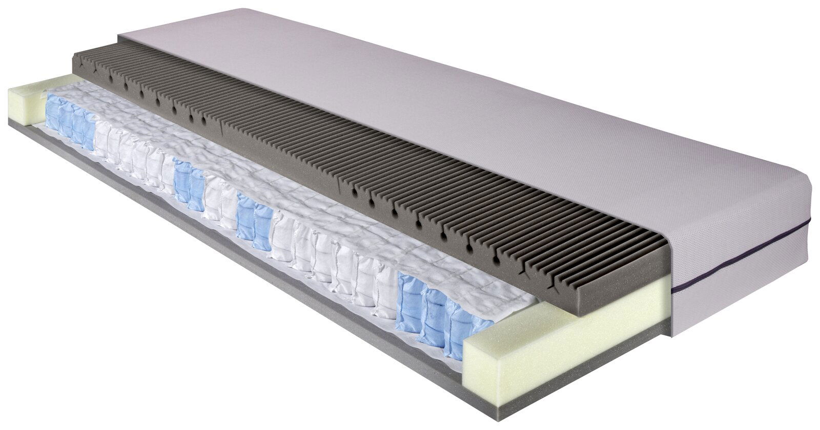 Zurbrüggen Taschenfederkernmatratze PRO SOMNA TFK Querschnitt einer Taschenfederkernmatratze mit sichtbaren Schichten aus Schaumstoff und Federn, perspektivisch von der Seite gezeigt.