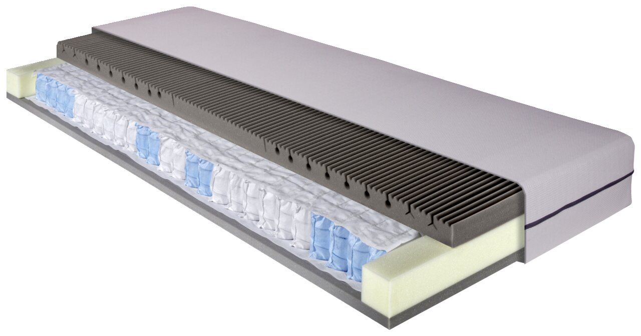 Zurbrüggen Taschenfederkernmatratze PRO SOMNA TFK Querschnitt einer Taschenfederkernmatratze mit sichtbaren Schichten aus Schaumstoff und Federn, perspektivisch von der Seite gezeigt.