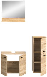 Badkombination aus Holzoptik mit Spiegel, Unterschrank und Hochschrank, frontal betrachtet