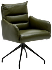 Grüner Armlehnstuhl mit gepolstertem Sitz und Rückenlehne, auf schwarzem Metallgestell, seitliche Perspektive