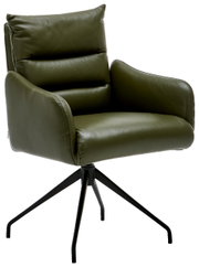 Groene fauteuil met gestoffeerde zitting en rugleuning, op een zwart metalen onderstel, zijaanzicht