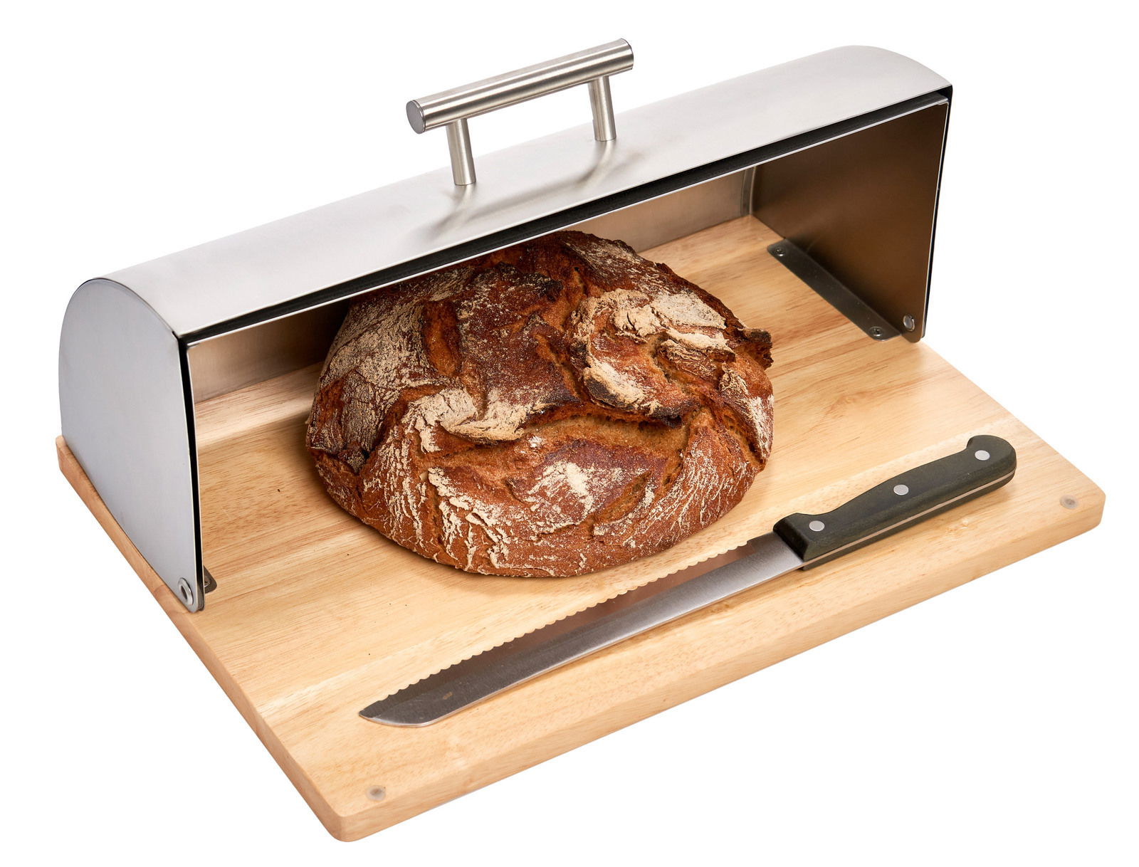 Zeller Present Brotkasten Moderner Brotkasten aus Edelstahl mit Holzbrett und Brotmesser, seitliche Perspektive