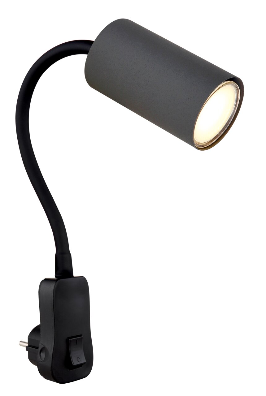 Moderne Wandleuchte mit flexiblem Arm und integriertem Schalter, seitliche Perspektive