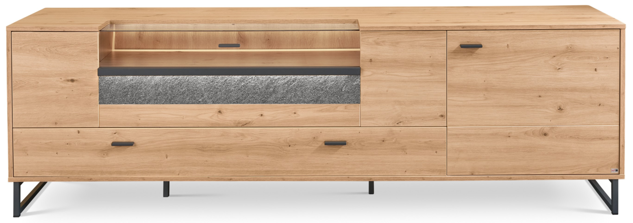 TV-Lowboard aus Holz mit modernem Design, zwei Türen, Schubladen und offenen Fächern, frontal betrachtet.