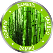 Nahaufnahme von Bambusstämmen in einem grünen Kreis mit der Aufschrift 'Bambus' in verschiedenen Sprachen.