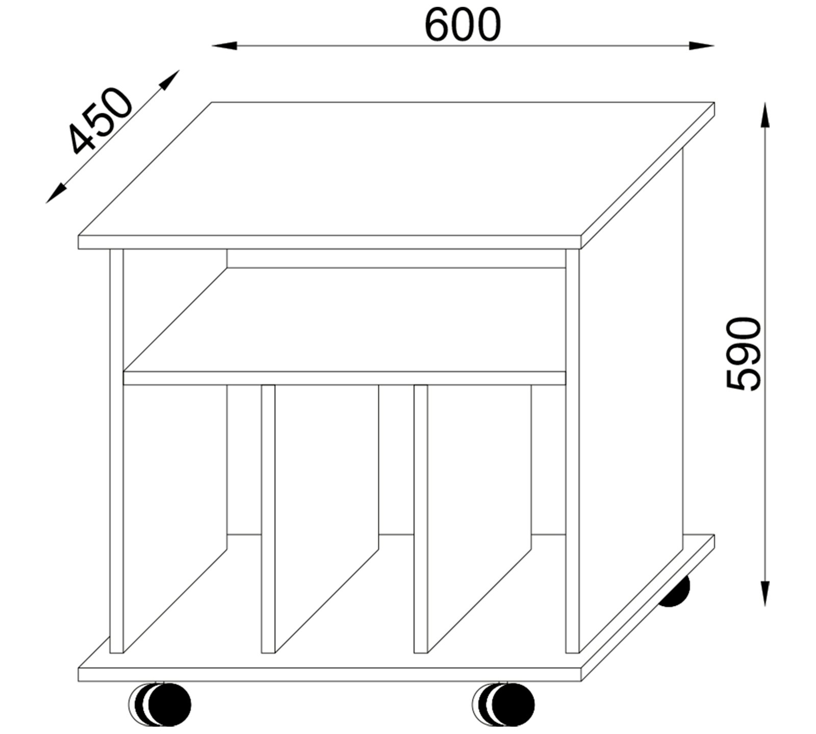 Technische Strichzeichnung eines rollbaren Beistellwagens/Servierwagens mit Ablagefach und Trennwänden, Maße ca. 600 × 450 × 590 mm, in schräger Seitenansicht (Perspektive).
