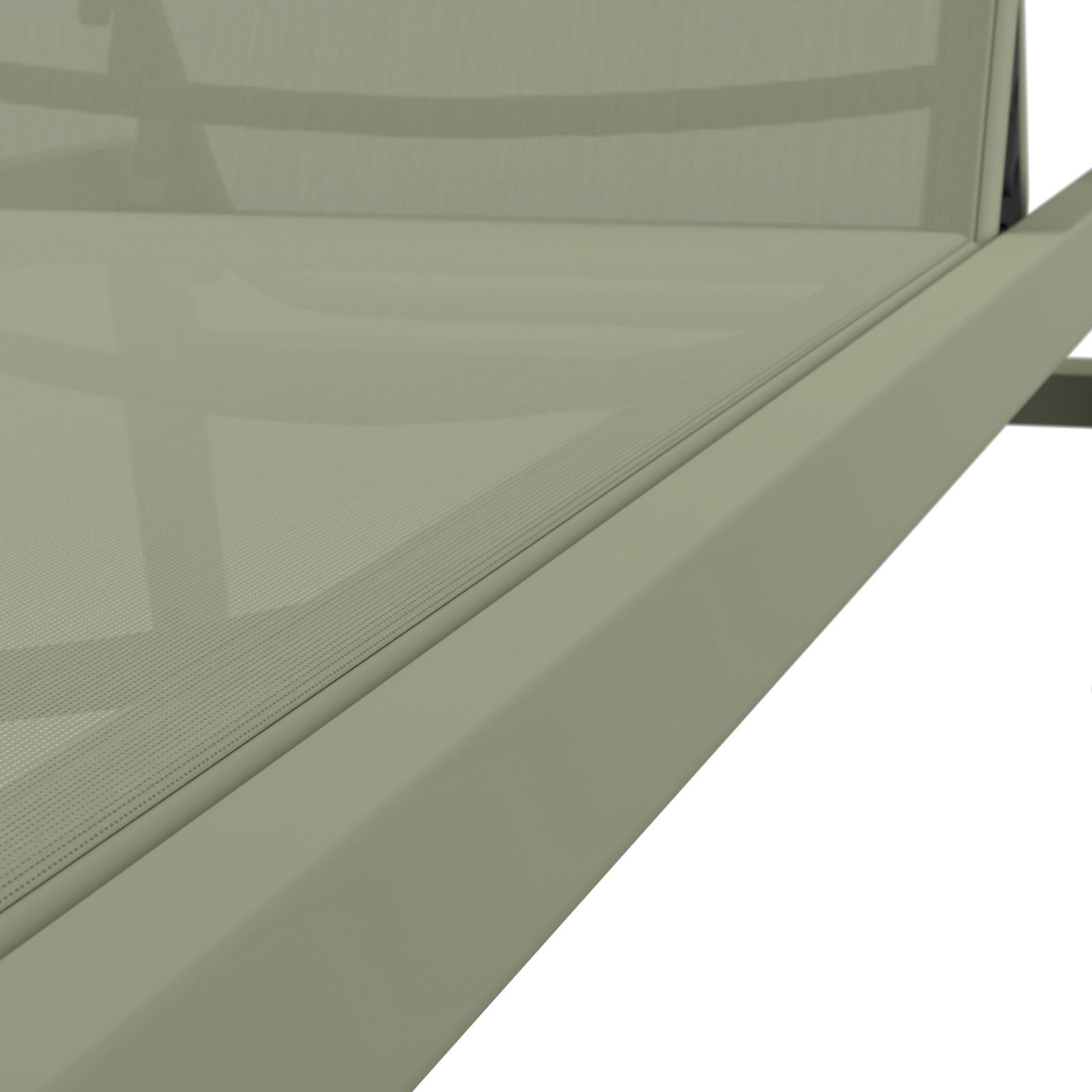 Nahaufnahme einer Sonnenliege aus seitlicher Perspektive mit hellgrünem Stoffbezug.