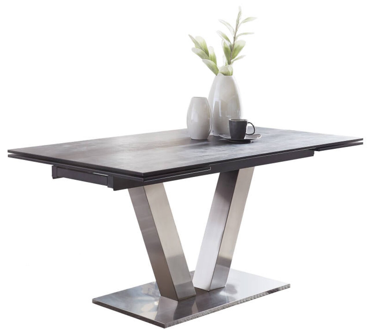 Moderner Esstisch mit V-förmigem Metallgestell und dunkler Tischplatte, seitliche Perspektive
