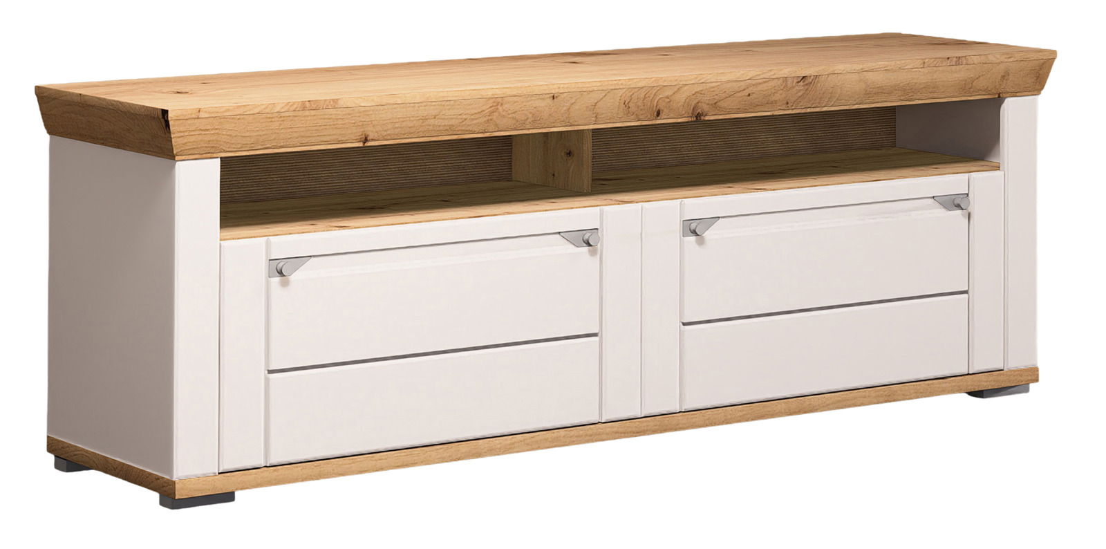 TV-Lowboard aus Holz mit weißem Korpus und natürlicher Holzoberfläche, seitliche Perspektive