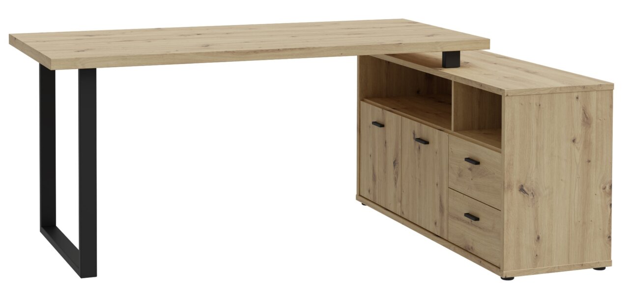 XORA Eckschreibtisch GOLDSBORO L-förmiger Winkelschreibtisch aus Holz mit schwarzem Metallgestell, Schubladen und Regalfächern, seitliche Perspektive