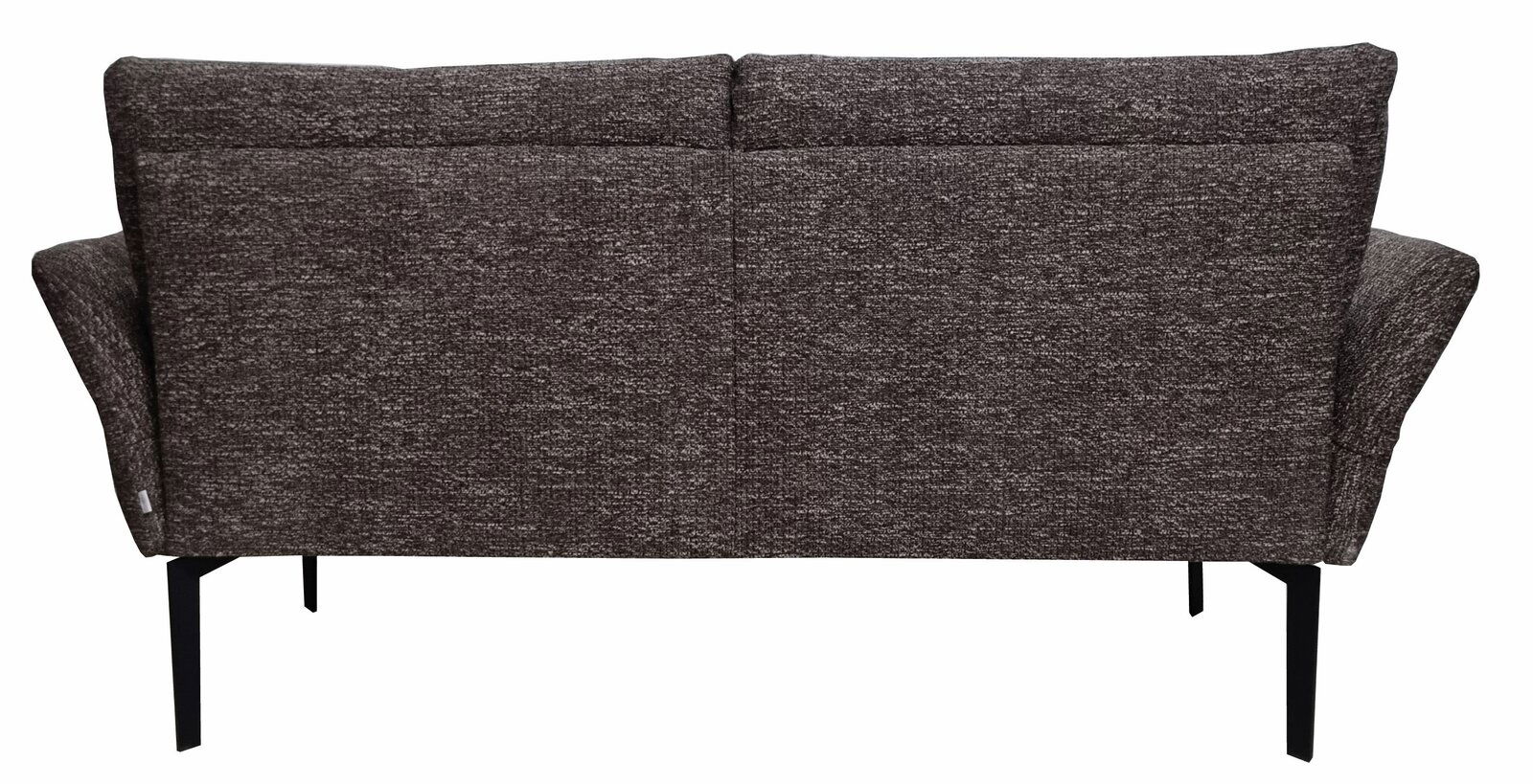 Rückansicht einer modernen, grauen Bank mit Armlehnen und schwarzen Metallbeinen.