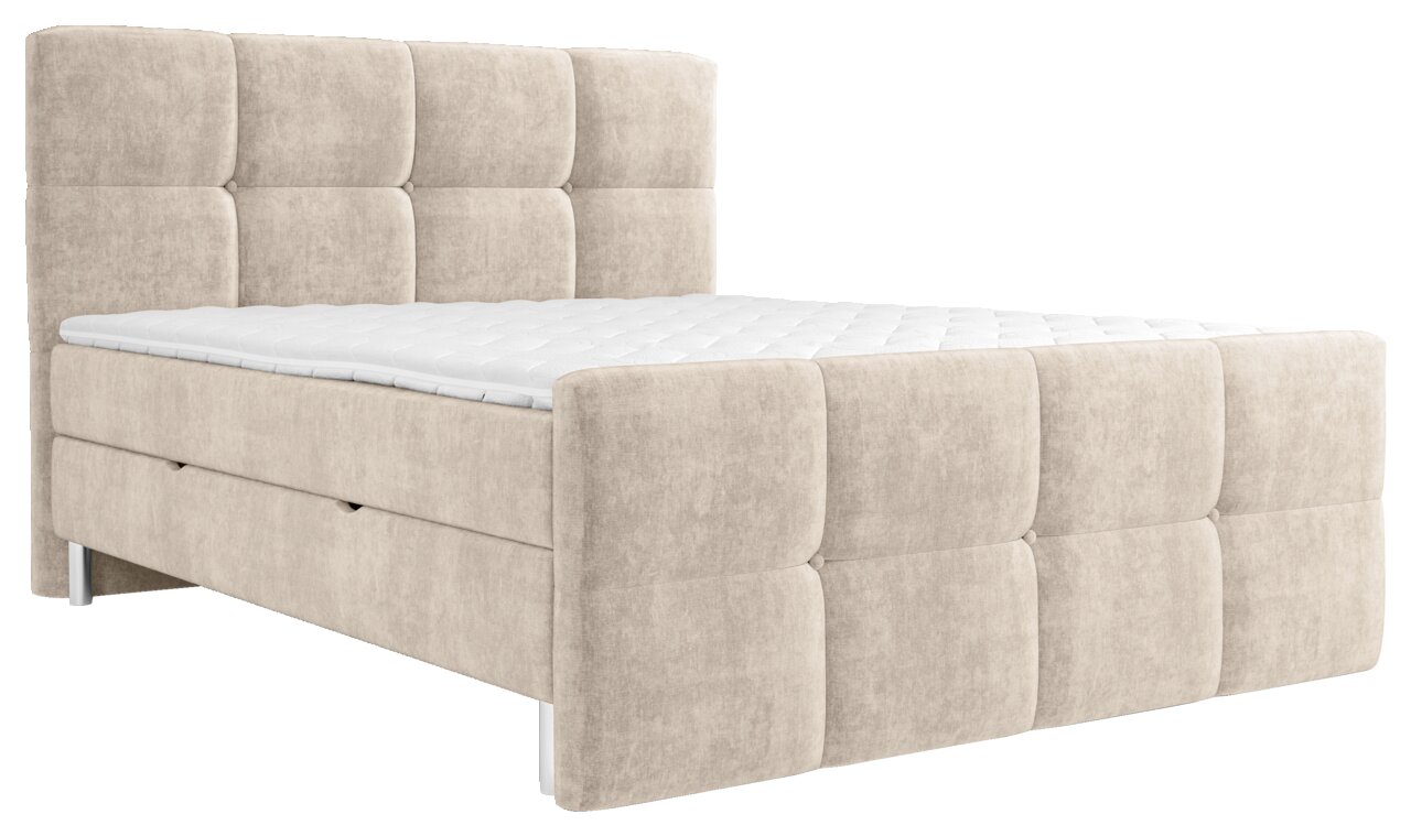 Beige boxspring met doorgestikt hoofdeinde en voeteneinde, zijaanzicht