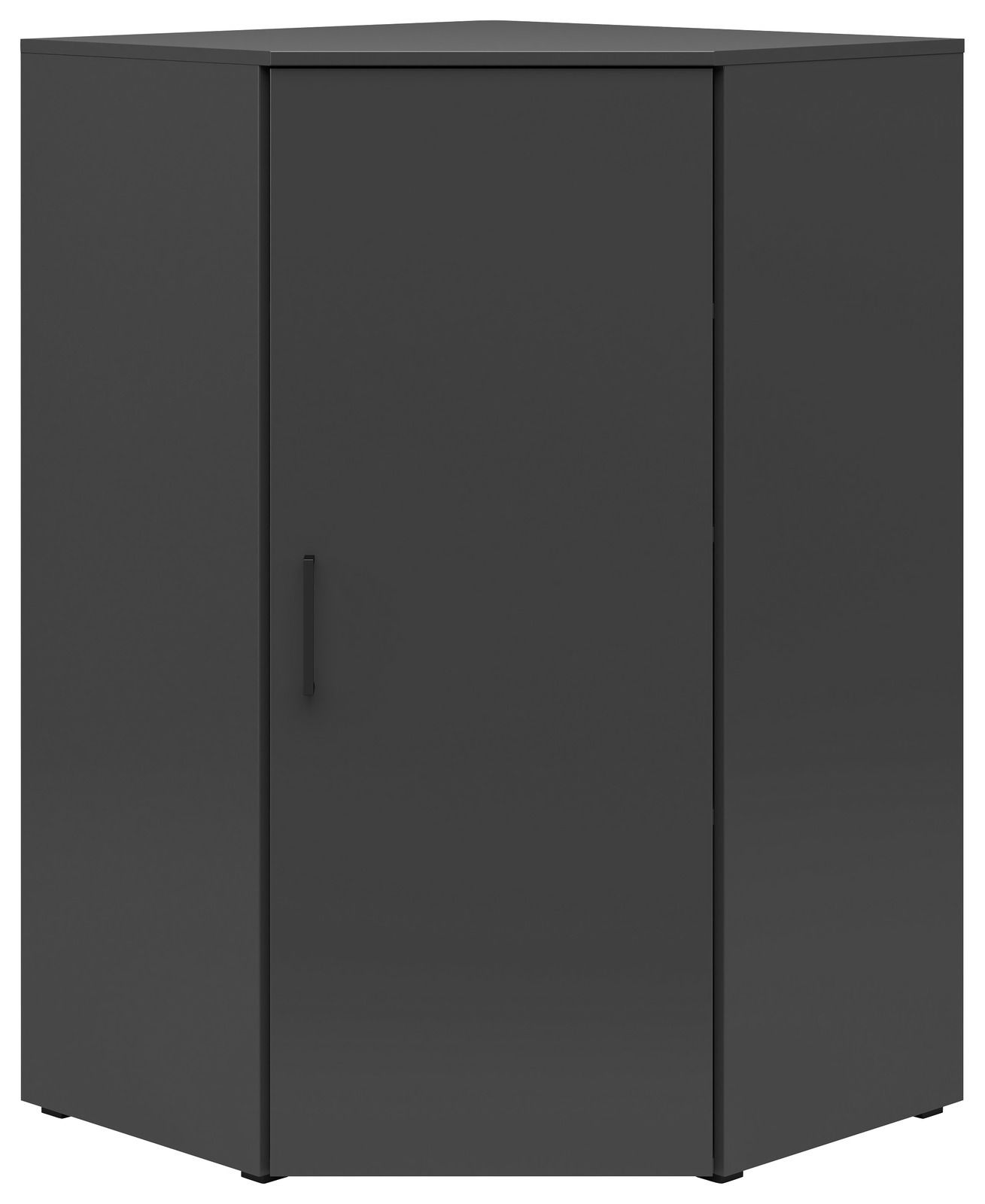 Dunkelgraue Eckkommode mit einer Tür, frontal abgebildet.