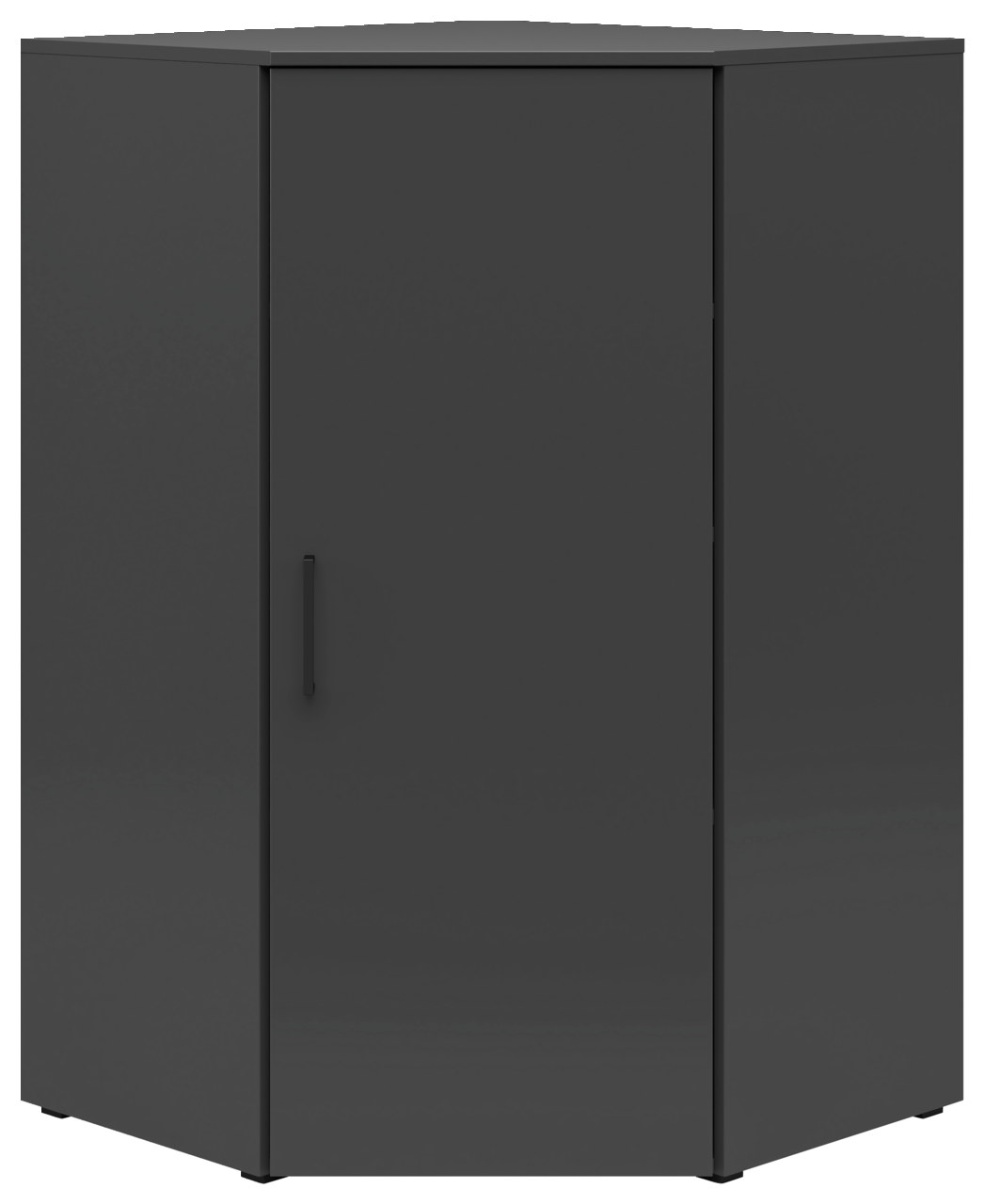Dunkelgraue Eckkommode mit einer Tür, frontal abgebildet.