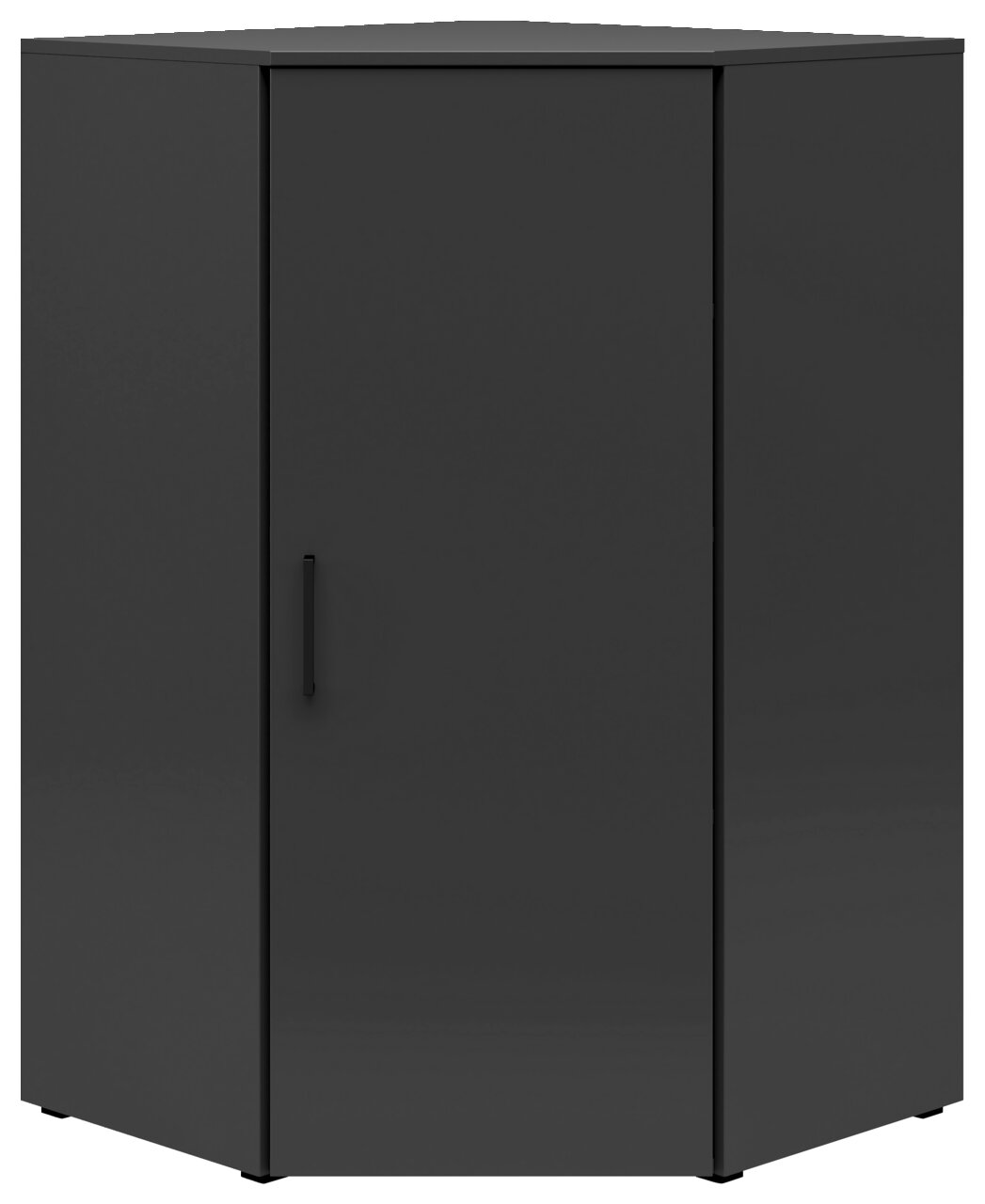 Dunkelgraue Eckkommode mit einer Tür, frontal abgebildet.
