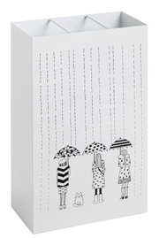 Weißer rechteckiger Papierkorb/Behälter mit schwarzer Illustration von drei Kindern mit Regenschirmen und Regenlinien; Produktansicht schräg von vorne (Front- und linke Seite sichtbar), oben offen mit drei Innenfächern.