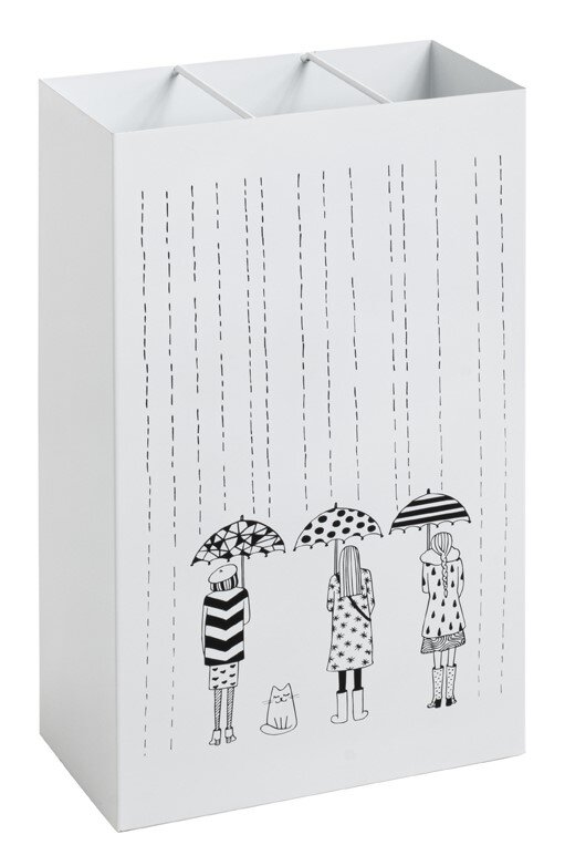 Weißer rechteckiger Papierkorb/Behälter mit schwarzer Illustration von drei Kindern mit Regenschirmen und Regenlinien; Produktansicht schräg von vorne (Front- und linke Seite sichtbar), oben offen mit drei Innenfächern.