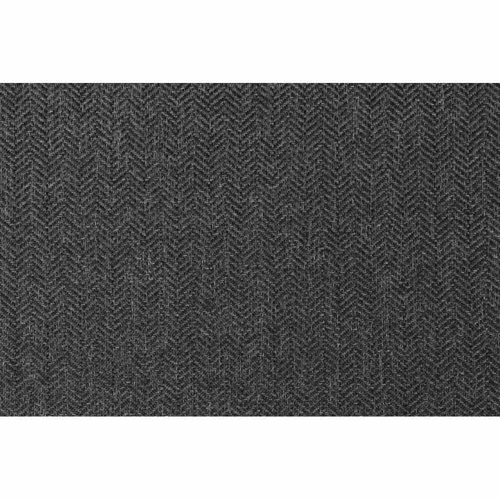 Nahaufnahme eines dunkelgrauen Stoffes mit Fischgrätenmuster, von oben betrachtet.