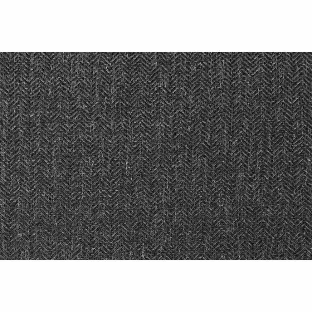 Nahaufnahme eines dunkelgrauen Stoffes mit Fischgrätenmuster, von oben betrachtet.