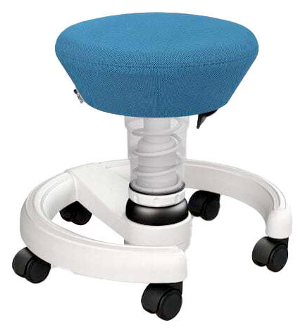 Blauer Sitzhocker für Kinder mit Rollen, seitliche Perspektive