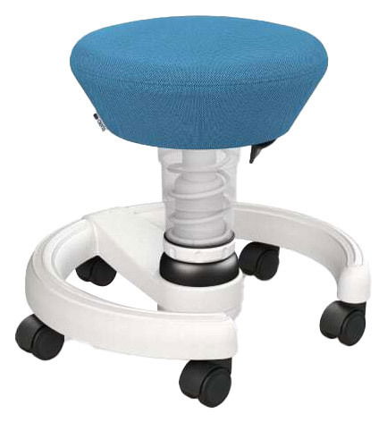 Blauer Sitzhocker für Kinder mit Rollen, seitliche Perspektive