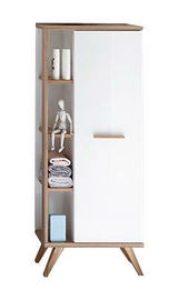 Moderner Midischrank mit weißer Tür und offenen Regalfächern, frontal abgebildet.