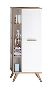 Moderner Midischrank mit weißer Tür und offenen Regalfächern, frontal abgebildet.