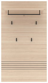Frontale Ansicht eines modernen Garderoben-Sets aus hellem Holz mit schwarzem Kleiderstange und Haken.