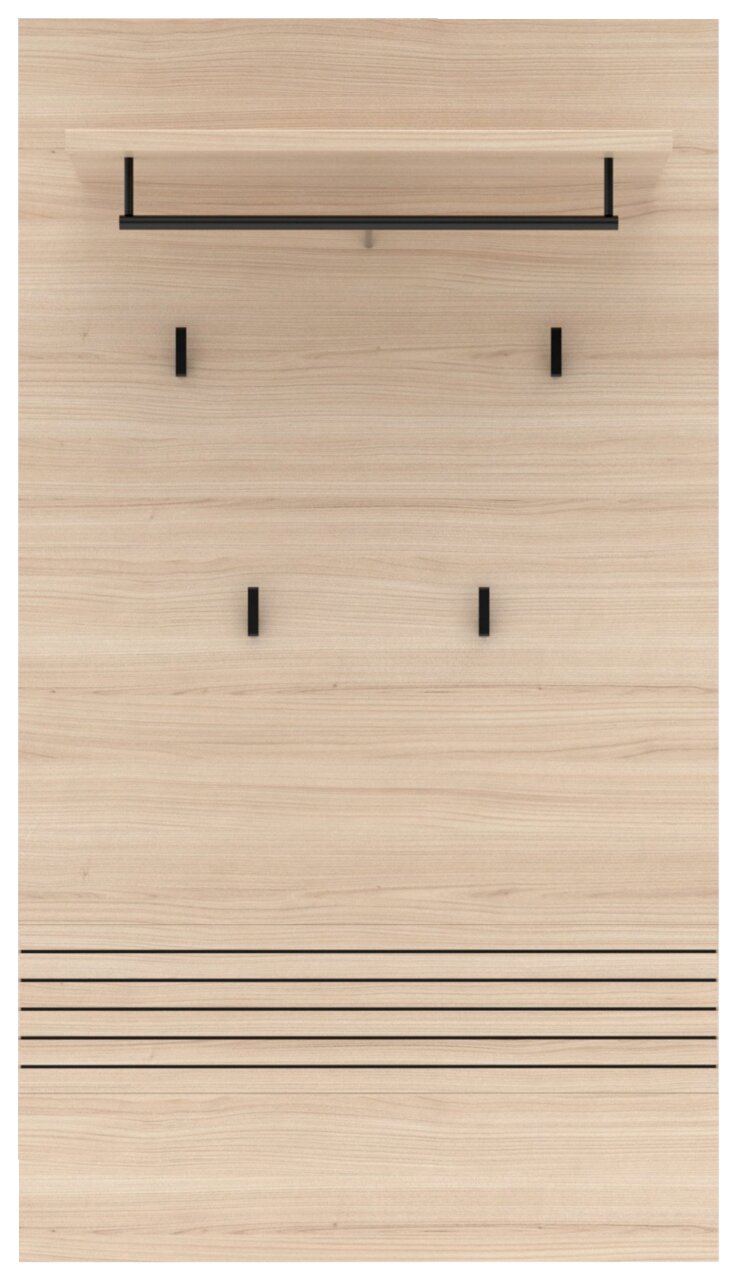Frontale Ansicht eines modernen Garderoben-Sets aus hellem Holz mit schwarzem Kleiderstange und Haken.