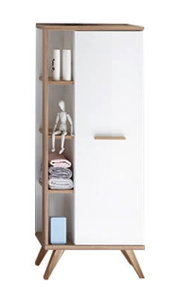 Moderner Midischrank mit weißer Tür und offenen Regalfächern, frontal abgebildet.