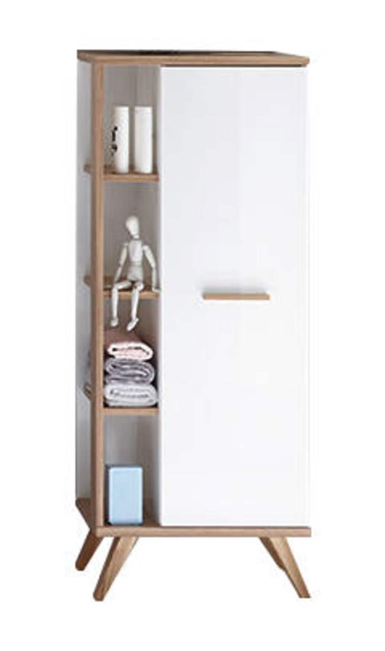Moderner Midischrank mit weißer Tür und offenen Regalfächern, frontal abgebildet.